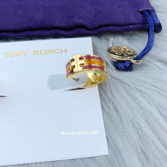 Tory Burch Kira Enamel Huggie Hoop Earring Shiny Hematite - Picture 6 of 6